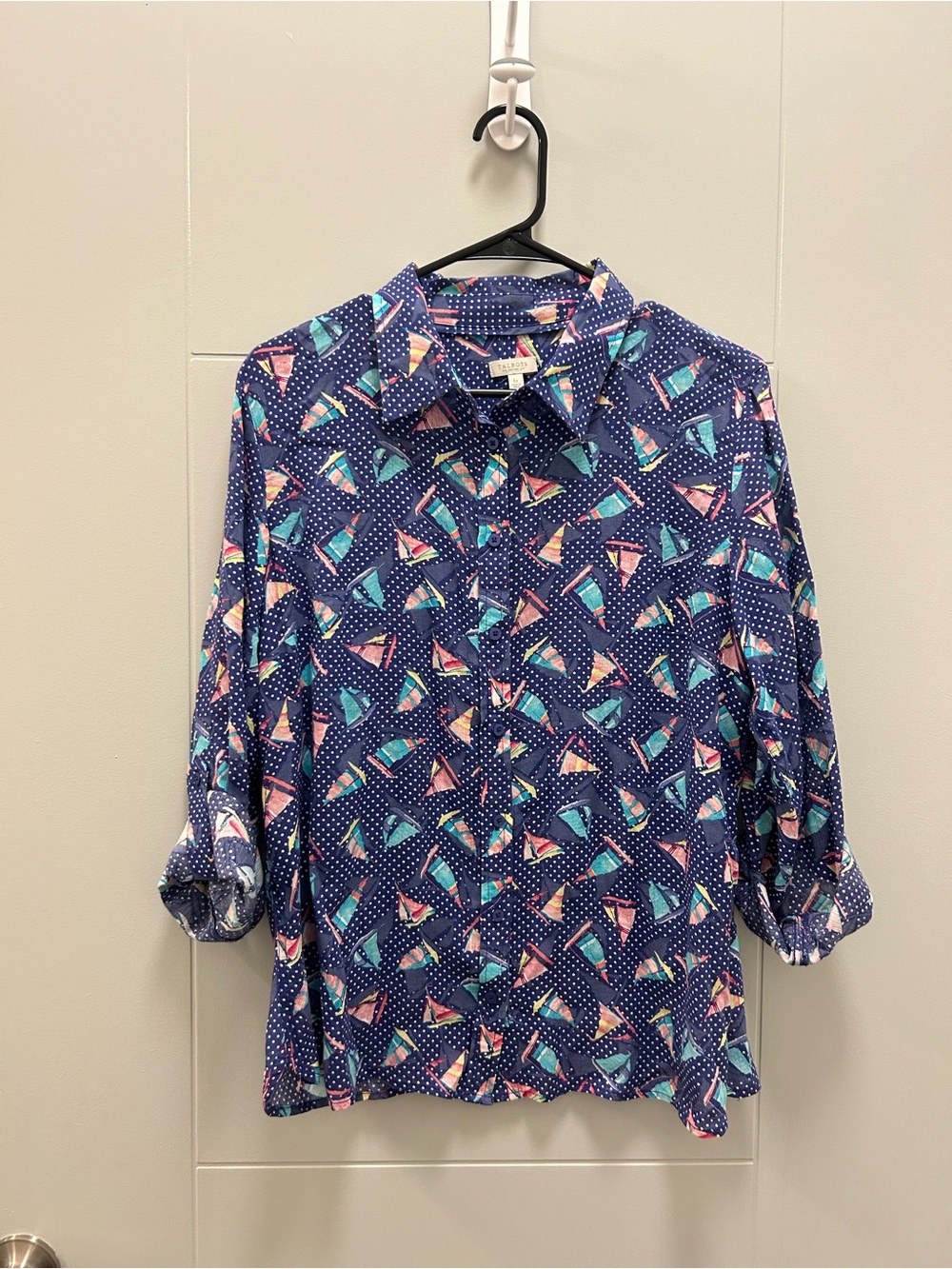 Talbots Petite L 100% Cotton Button Front Shirt Blue Polka Dot Sailboat Nautical